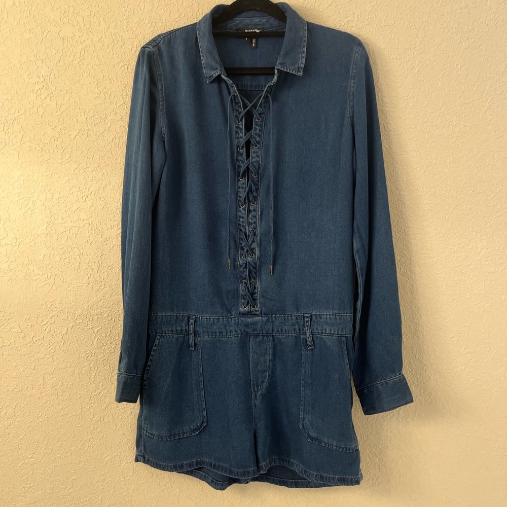 Paige Womens Tie Front Collared Long Sleeve Denim Romper Blue Size Small Pockets